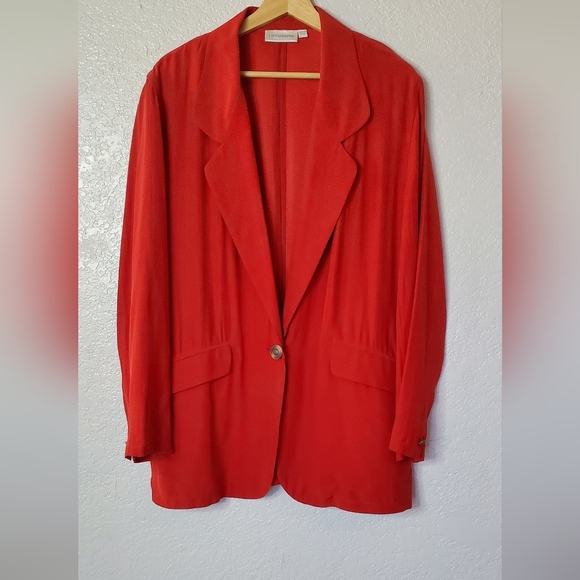100% Silk Liz Claiborne Elegant Scarlet Red Women's Long Blazer Jacket Size 8 - Picture 8 of 8